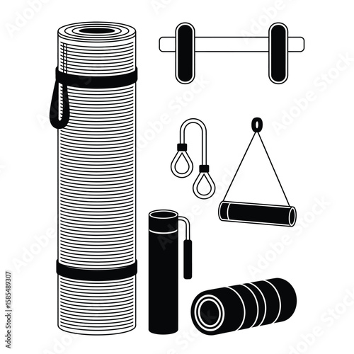Black and white vector pack of home workout tools including yoga mat resistance band push-up bars and foam roller