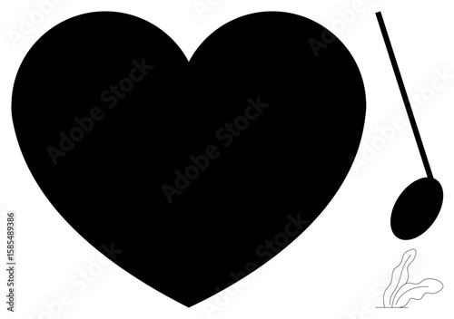 Black heart next to a music note and an abstract curving form, evoking love, art, minimalism. Ideal for romance, creativity, music, balance, harmony expression simple flat metaphor
