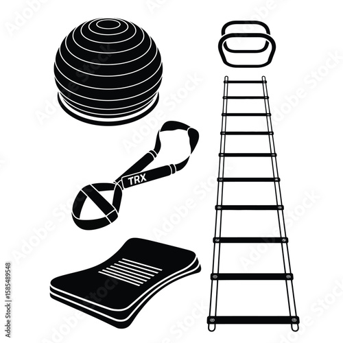 Black and white vector set of functional training equipment including BOSU ball TRX balance pad and speed ladder