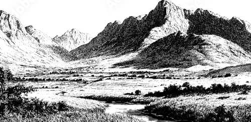 Vintage engraved landscape illustration of majestic mountains and valleys for classic art decor