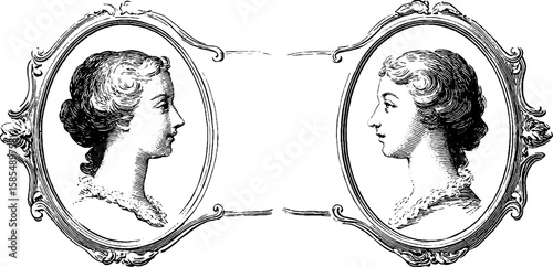 Antique cameo portraits in engraved oval frames for historical art design