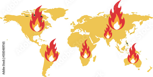 World map with burning fire icons representing global wildfire crisis and environmental emergency vector illustration