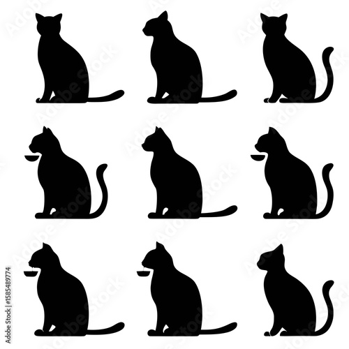 Black cats sitting with bowls silhouette