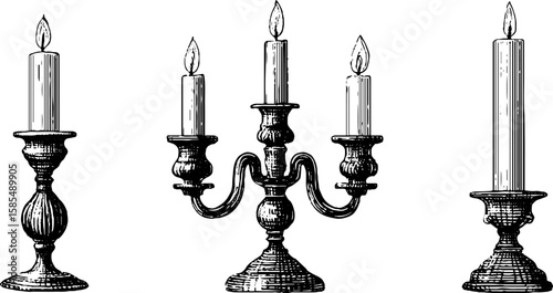 Vintage candle holders and chandeliers engraved illustration set for classic decor