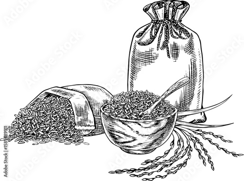 Burlap bags and a wooden bowl with rice or oats, wheat or rye. Black and white graphics, vector illustrations. Design element for menus, recipes, and cookbooks. For banners, flyers, packaging, labels.