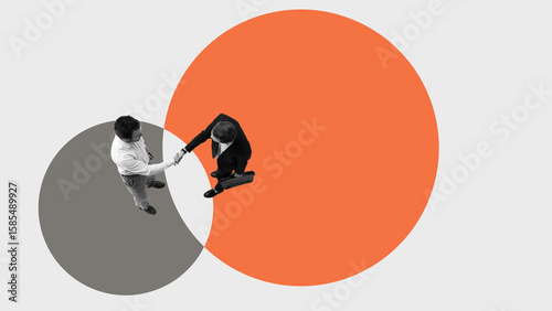 Tableau sur toile Conceptual artwork of businessmen shaking hands in intersecting circles symbolizing merger integration
