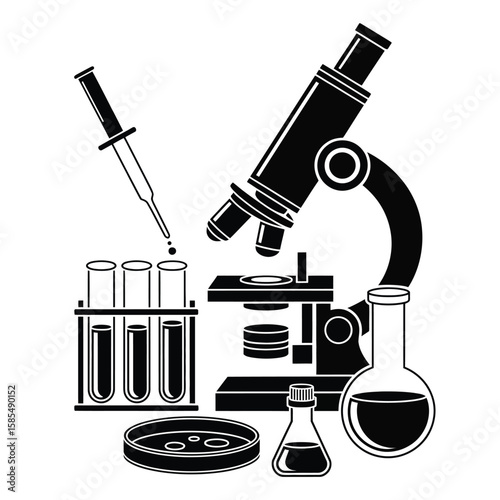 Black vector illustration of test tubes microscope petri dish blood vial flask and pipette in solid scientific style