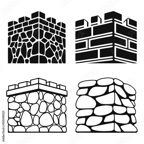 Fortress wall sections stone brick battlements