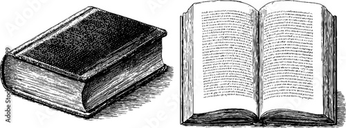 Vintage engraved illustration of closed and open antique books for retro design