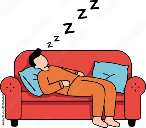 Person sleeping on red sofa with blue pillows and orange outfit relaxing indoors vector illustration