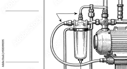 Seasonal cleaning of pools with water pump installation and sanitation system components depicted in detailed monochrome illustration.