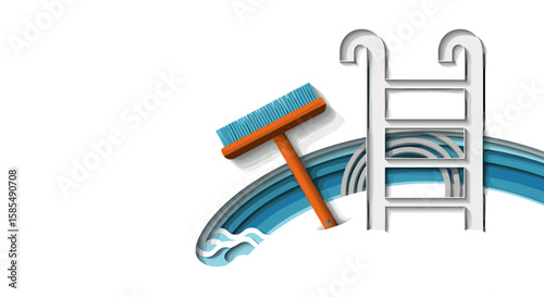 Seasonal cleaning of pools depicted by ladder and brush on white backdrop. Seasonal cleaning illustrated with elements symbolizing pool care and maintenance tasks.