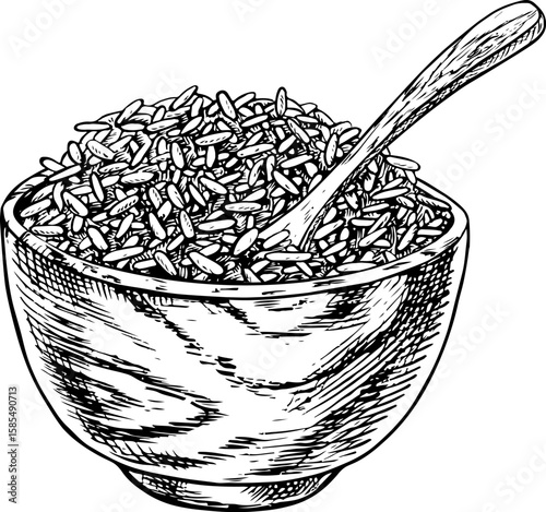 Rice or oats, wheat or rye in a wooden bowl. Black and white graphics, vector illustrations. Design element for menus, recipes, and cookbooks. For banners, flyers, packaging, labels, and more.