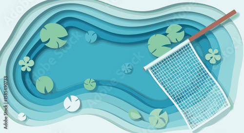 Seasonal cleaning of pools featuring pond with net, water lilies, and aquatic elements. Seasonal cleaning of pools involves removing debris with net to keep water clean and healthy,
