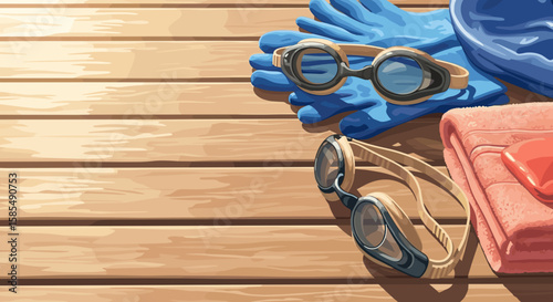 Seasonal cleaning of pools depicted through colorful equipment for pool maintenance and relaxation. Preparing for seasonal cleaning of pools, tools are laid out: goggles, towel, gloves and bowl,