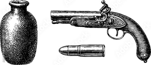 Antique pistol and bullet with vintage vase engraving for historical design