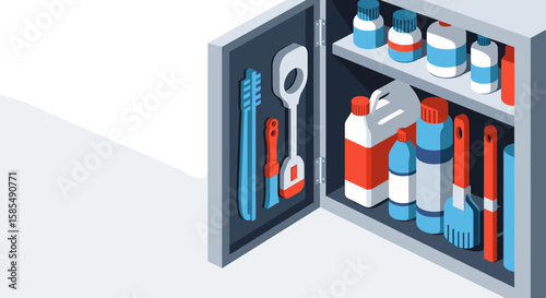 Seasonal cleaning of pools with equipment and supplies in cabinet. Seasonal cleaning involves organizing chemicals and brushes for pool maintenance.