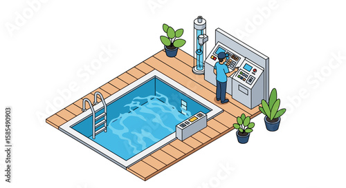 Seasonal cleaning of pools in isometric view with worker, water filter, and plants in stylish scene. Seasonal pool cleaning includes refreshing water, removing debris,