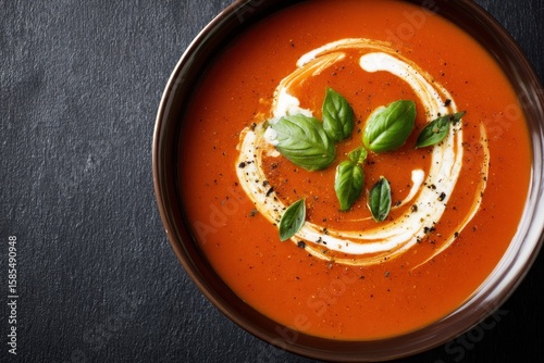 Creamy tomato soup in a bowl, garnished with basil and cream
