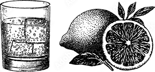Engraved illustration set featuring aperol spritz with orange and lemon details for design and decoration