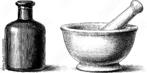 Vintage apothecary bottle and mortar set for herbal medicine and botanical design