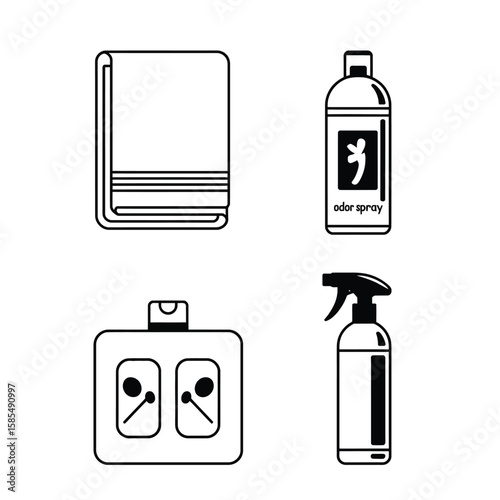 Minimal black and white vector showing daily care items like towel dry shampoo wipes and odor spray for pet cleanliness