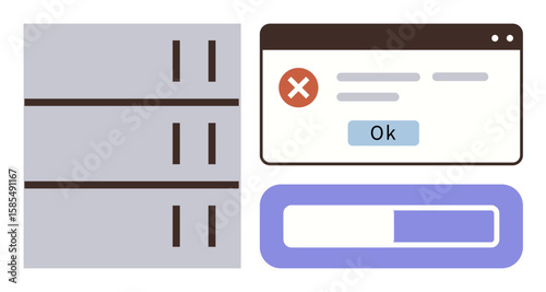 Server stack, error popup with Ok button, and loading progress bar. Ideal for technology failures, data error, troubleshooting, system downtime, IT issues bug fixing technical metaphor. Simple flat