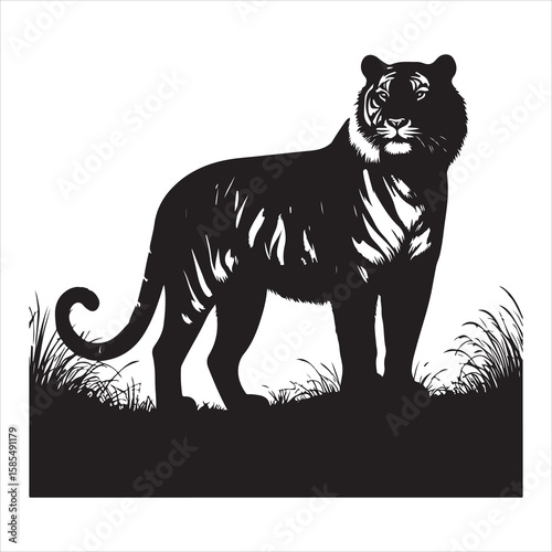 siting tiger face Silhouette Vector Art, and Graphic, vector black color silhouette , solated white background 