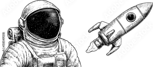 Vintage space exploration engraving featuring astronaut and rocket