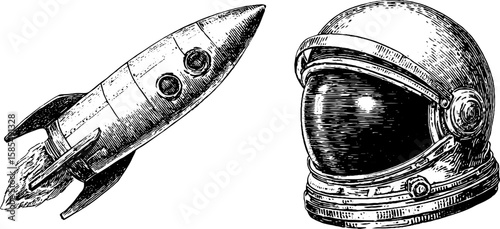Vintage space exploration art featuring engraved astronaut helmet and rocket design