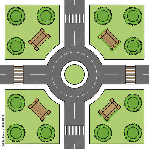 Roundabout park with benches and trees street road
