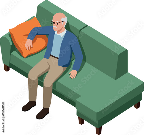 Elderly man sitting on green sofa with orange pillow in isometric home interior vector design illustration