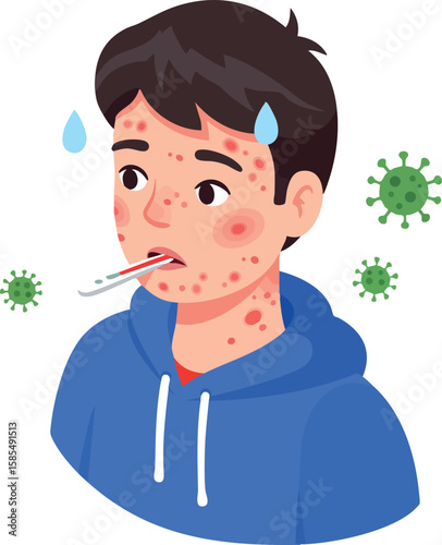 Sick boy with fever thermometer and virus particles showing symptoms of illness vector illustration
