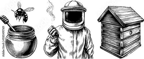 Engraved illustration of beekeeper, hive, and honey jar for apiary designs and print