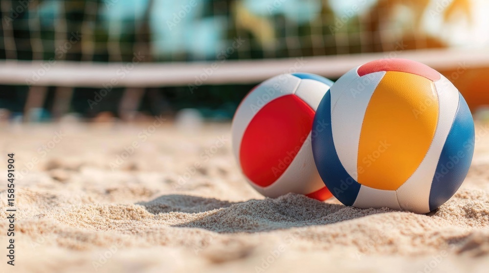 Obraz premium Vibrant Beach Volleyball Setup with Colorful Balls and Nets on Sandy Court for Outdoor Summer Sports and Recreation Activities