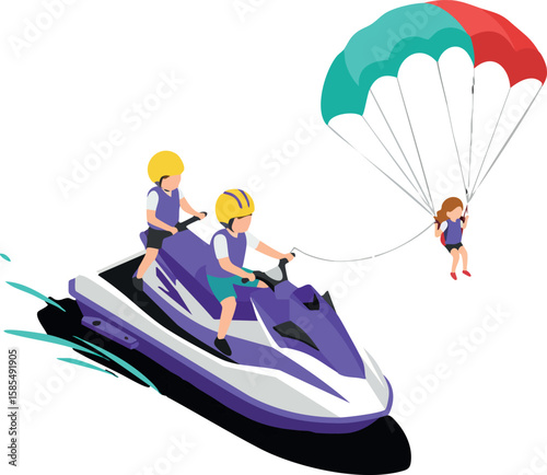 Parasailing water sport with jet ski towing colorful parachute and people having fun outdoor activity