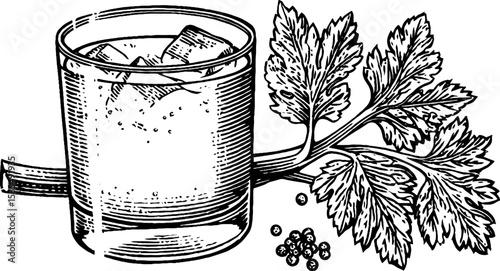 Engraved illustration of bloody mary cocktail with celery garnish