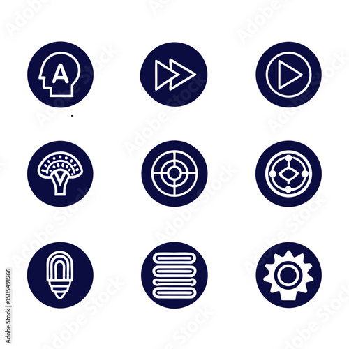 Various icons on dark blue circles white head