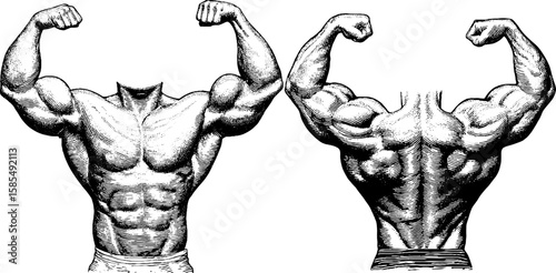 Vintage bodybuilding muscle engraving set for fitness and strength design