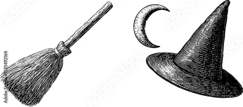 Halloween witch accessories: engraved broom, hat, and crescent moon illustration for decor and design