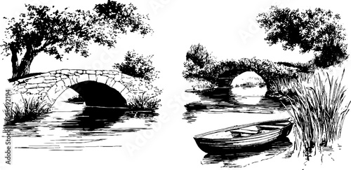 Engraved art of serene riverscape with stone bridge and rowboat