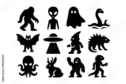 Silhouette icons of mythical creatures and cryptids in simple style