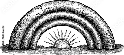 Engraved design of brutalist concrete arch and sunburst for artistic inspiration