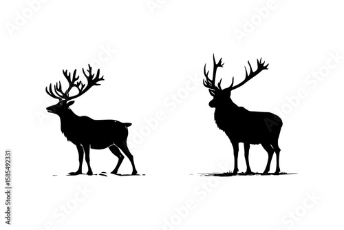 Silhouettes of majestic reindeer in contrasting poses creating festive charm