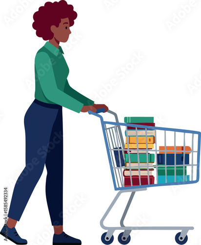 Woman pushing shopping cart filled with boxes and packages in store aisle for grocery or retail shopping vector illustration