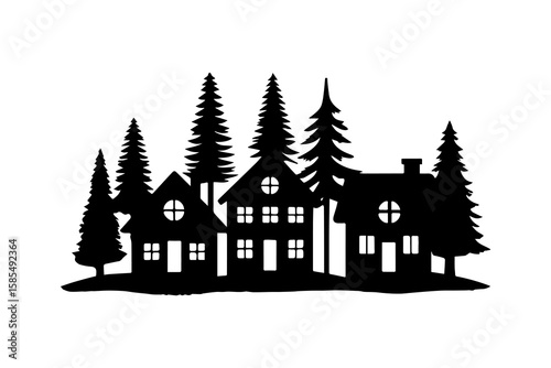 Silhouettes of cozy houses among tall evergreen trees create festive atmosphere