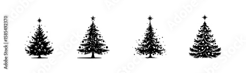 Stylized silhouettes of Christmas trees showcasing different shapes and sizes