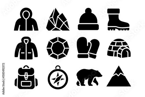 Winter adventure icons set: silhouette style with outdoor gear and arctic elements