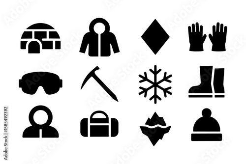 Winter adventure icons set: essential silhouettes for cold weather activities