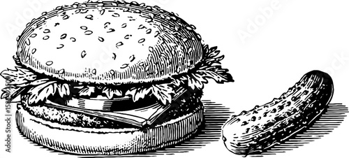 Engraved burger stack and pickle illustration for culinary design